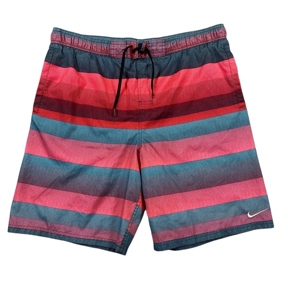 Nike Men's Medium‎ Swim Trunks Striped Red Blue Drawstring Waist Mesh Lined